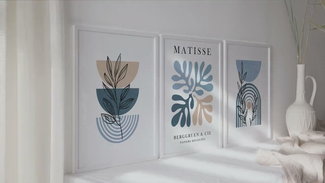 Boho Gallery Wall Art Set: Blue Beige Mid-Century Modern Prints
