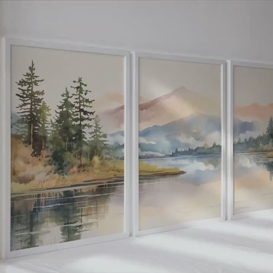 Pastel mountain wall art set of 3 print. Modern nature wall decor