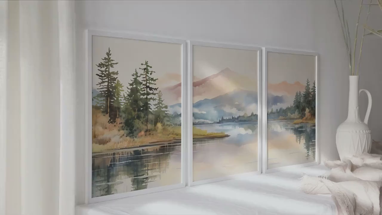 Pastel mountain wall art set of 3 print. Modern nature wall decor