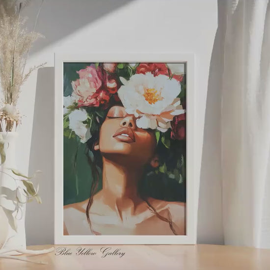 Black Woman Wall Art Print, African American Portrait with Flowers, Afrocentric Modern Abstract People Art