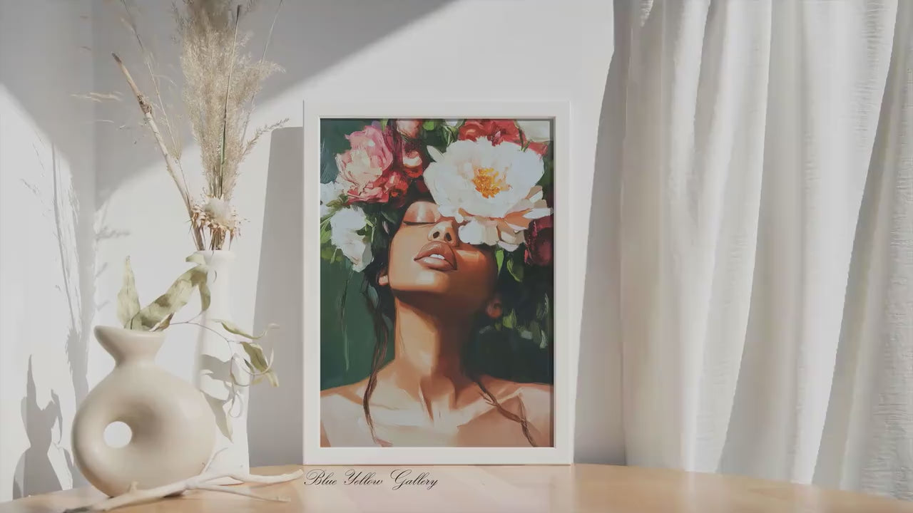 Black Woman Wall Art Print, African American Portrait with Flowers, Afrocentric Modern Abstract People Art