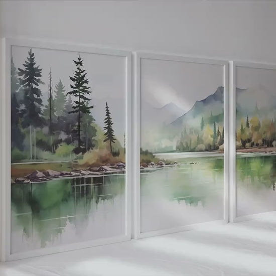 Sage green pastel mountain wall print set of 3. Mountain landscape painting posters. Abstract Nature Print