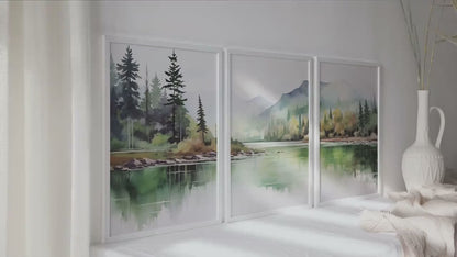 Sage green pastel mountain wall print set of 3. Mountain landscape painting posters. Abstract Nature Print