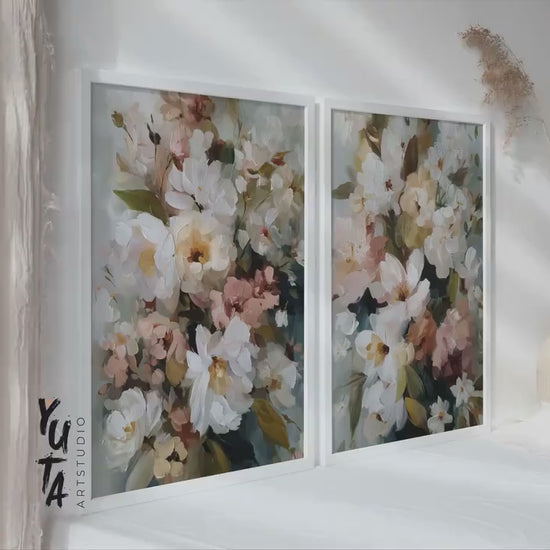 Floral Wall Art Set of 2, White Flower Prints, Neutral Botanical Canvas Wall Decor