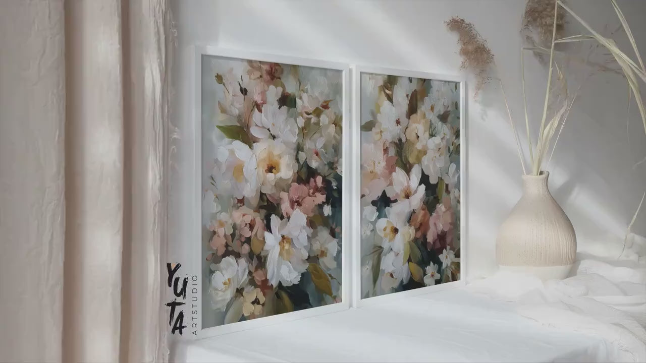Floral Wall Art Set of 2, White Flower Prints, Neutral Botanical Canvas Wall Decor