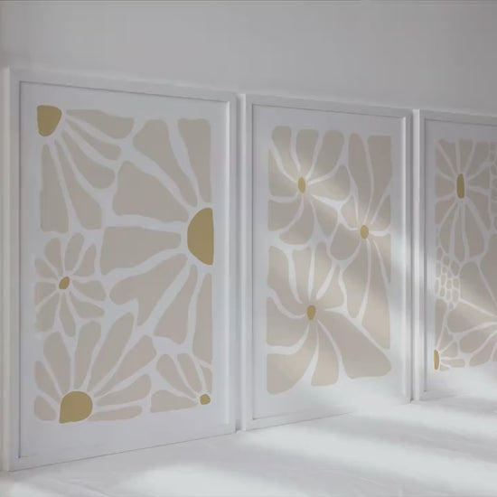 Neutral beige flower set of 3 print. Light naturals minimalist mid century gallery wall set