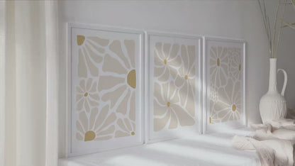 Neutral beige flower set of 3 print. Light naturals minimalist mid century gallery wall set