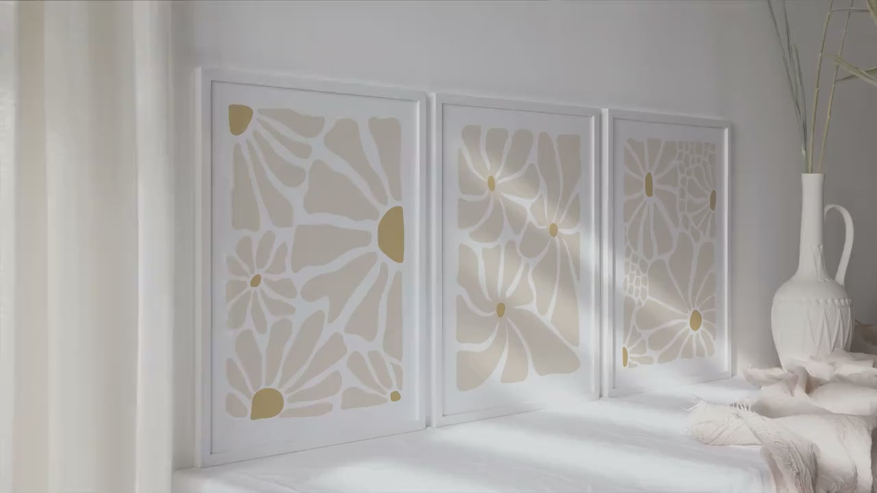 Neutral beige flower set of 3 print. Light naturals minimalist mid century gallery wall set