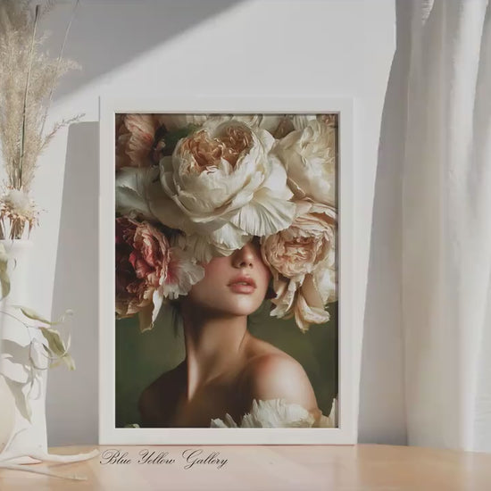 Floral Woman Wall Art, Romantic Flower Portrait Print, Large Feminine Wall Decor, Elegant Peony Artwork, Luxury Statement Art