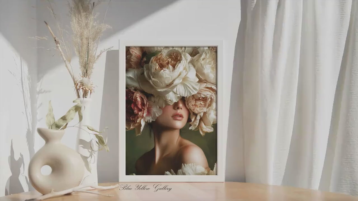 Floral Woman Wall Art, Romantic Flower Portrait Print, Large Feminine Wall Decor, Elegant Peony Artwork, Luxury Statement Art