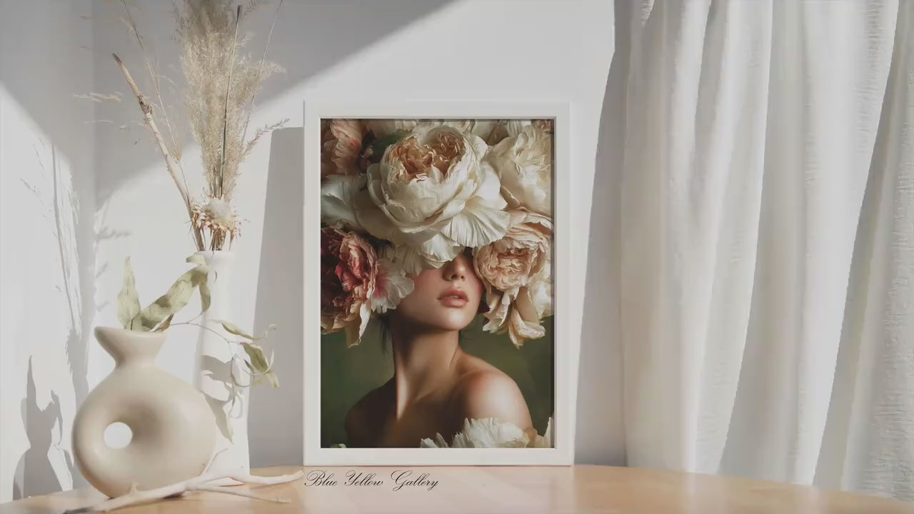 Floral Woman Wall Art, Romantic Flower Portrait Print, Large Feminine Wall Decor, Elegant Peony Artwork, Luxury Statement Art