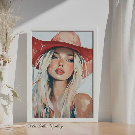 Cowgirl Wall Art, Modern Western Female Print. Coastal Woman in a Red Hat Figurative Art, Rustic Farmhouse Decor, Western Art Print