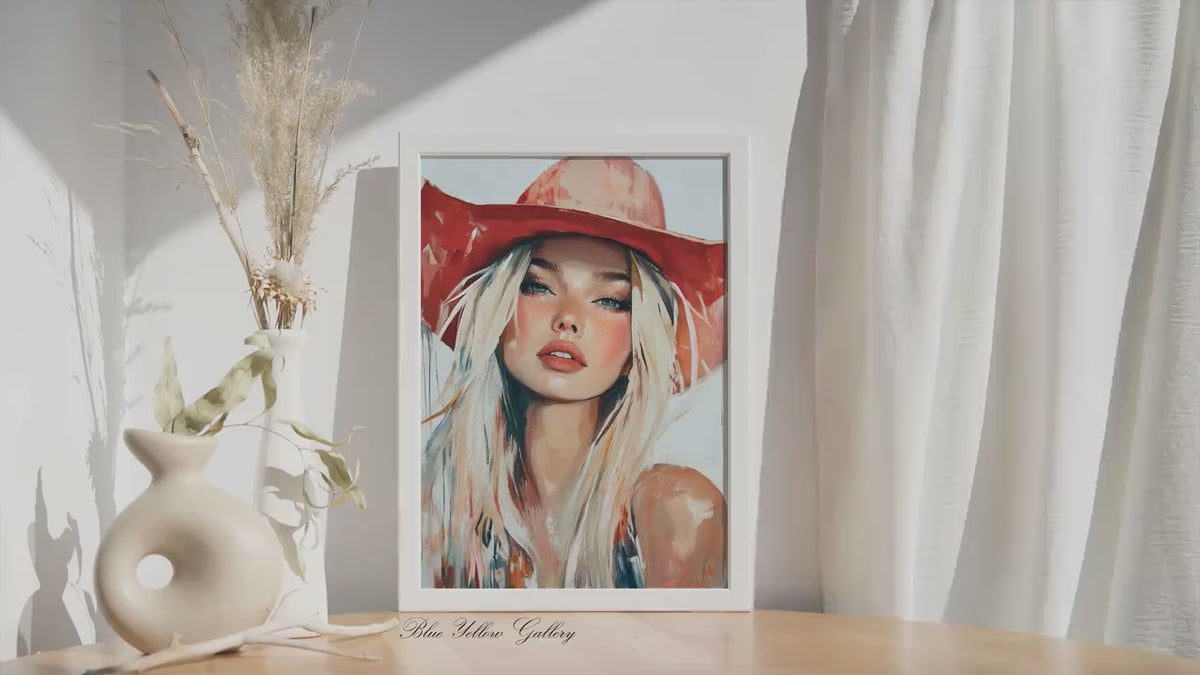 Cowgirl Wall Art, Modern Western Female Print. Coastal Woman in a Red Hat Figurative Art, Rustic Farmhouse Decor, Western Art Print