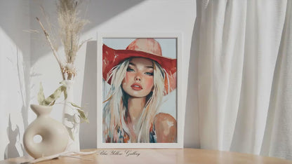Cowgirl Wall Art, Modern Western Female Print. Coastal Woman in a Red Hat Figurative Art, Rustic Farmhouse Decor, Western Art Print