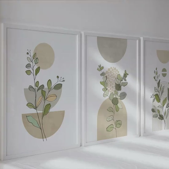 Sage green boho wall art set of 3 print. Neutral mid century modern wall art