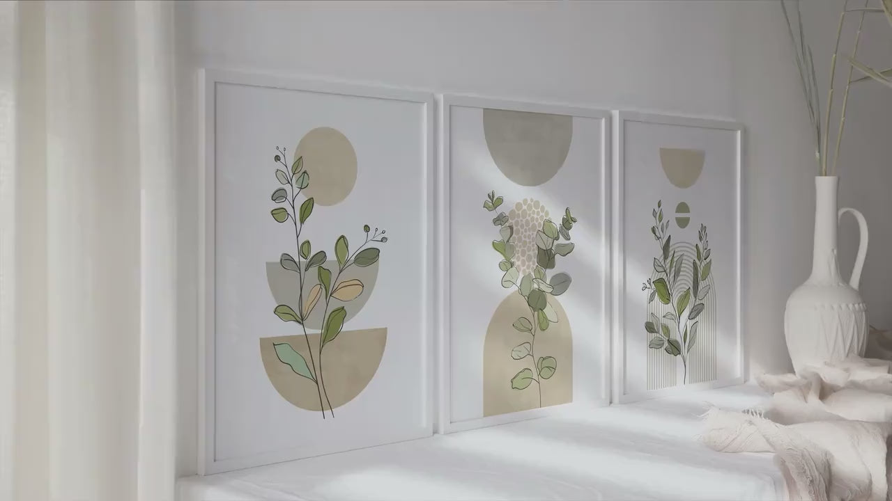 Sage green boho wall art set of 3 print. Neutral mid century modern wall art