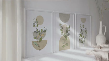 Sage green boho wall art set of 3 print. Neutral mid century modern wall art