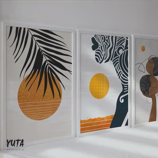 Colorful abstract african wall art set of 3 prints. Black woman portrait