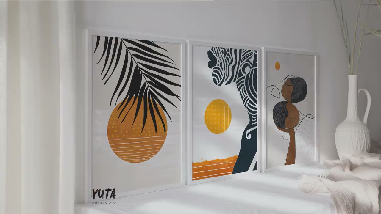 Colorful abstract african wall art set of 3 prints. Black woman portrait