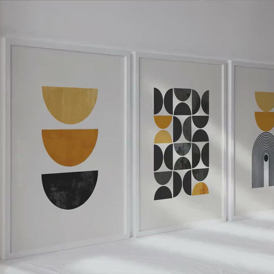 Mid Century Modern Wall Art Set: Mustard Yellow & Black Geometric Prints