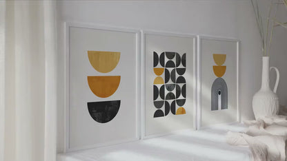 Mid Century Modern Wall Art Set: Mustard Yellow & Black Geometric Prints