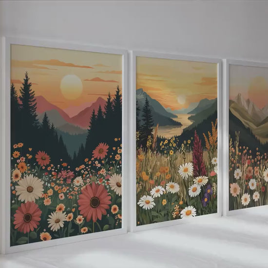 Set of 3 Boho Wildflower Mountain Sunset Landscape Print