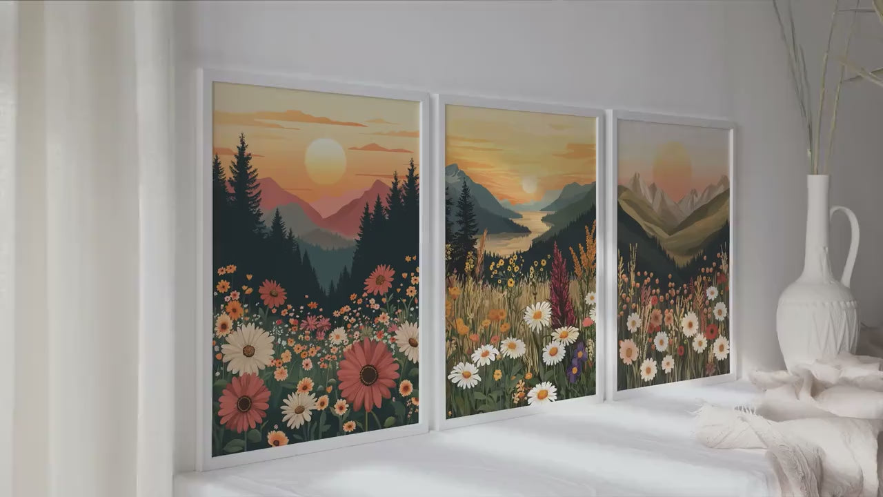 Set of 3 Boho Wildflower Mountain Sunset Landscape Print