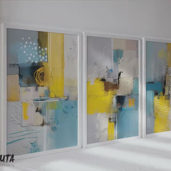 Modern Abstract Wall Art Set of 3 | Yellow & Blue Minimalist Geometric Triptych