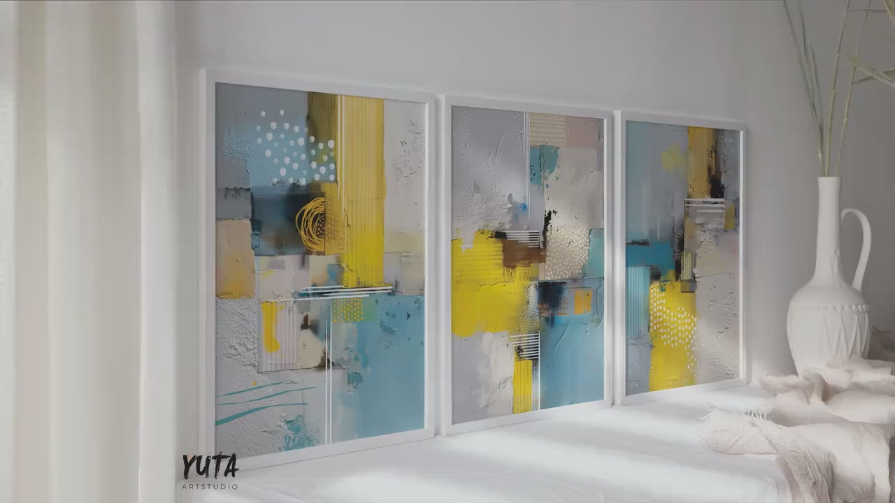 Modern Abstract Wall Art Set of 3 | Yellow & Blue Minimalist Geometric Triptych