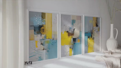 Modern Abstract Wall Art Set of 3 | Yellow & Blue Minimalist Geometric Triptych