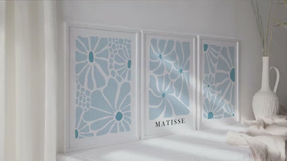 Neutral Blue Abstract Botanical Wall Art Set of 3 Print.