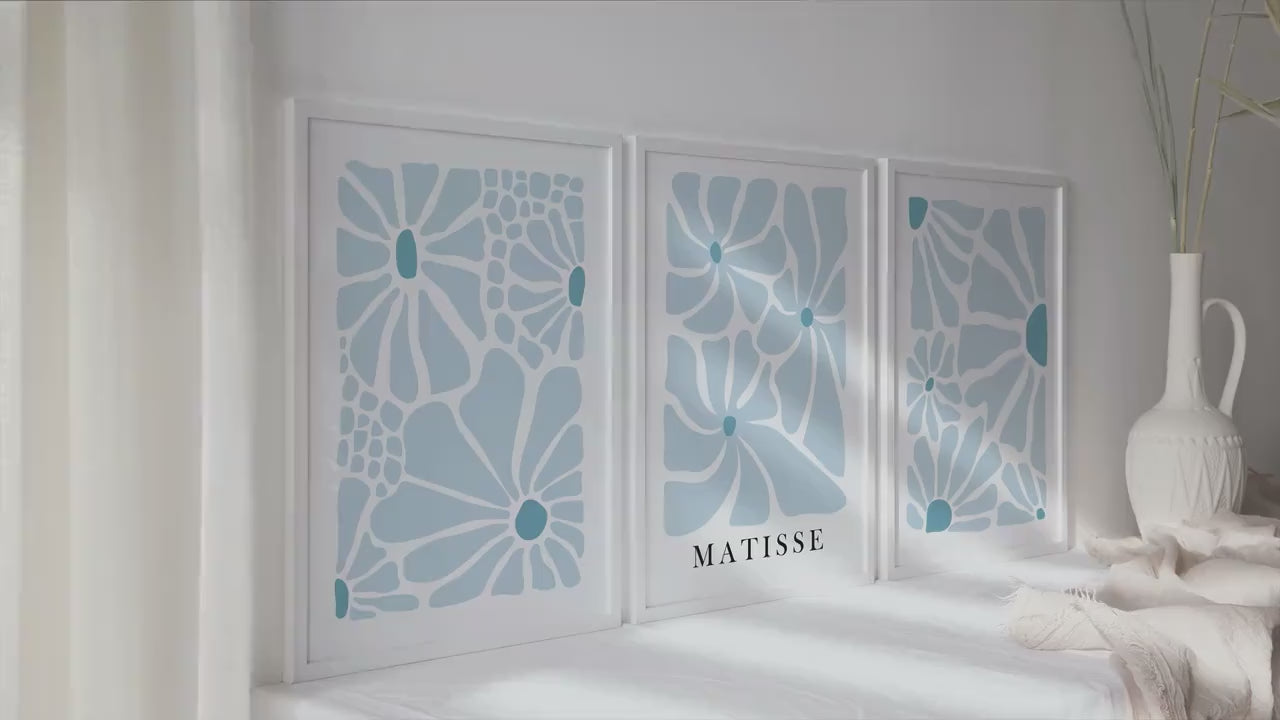 Neutral Blue Abstract Botanical Wall Art Set of 3 Print.