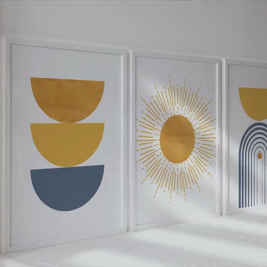 Blue mustard modern boho set of 3 print. Mid century colorful large gallery wall set