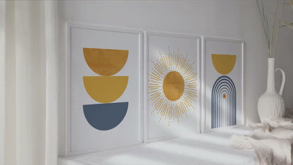 Blue mustard modern boho set of 3 print. Mid century colorful large gallery wall set