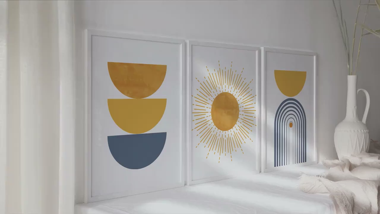 Blue mustard modern boho set of 3 print. Mid century colorful large gallery wall set