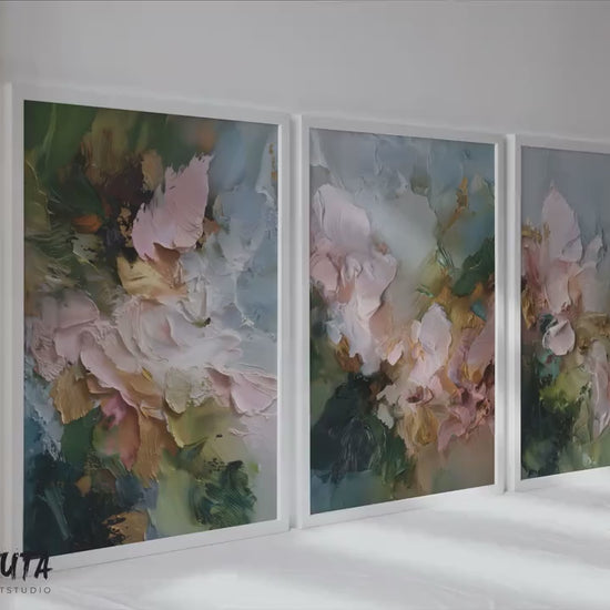 Abstract Floral Wall Art Set of 3 | Textured Pink Flower Prints | Impasto Botanical Painting Decor