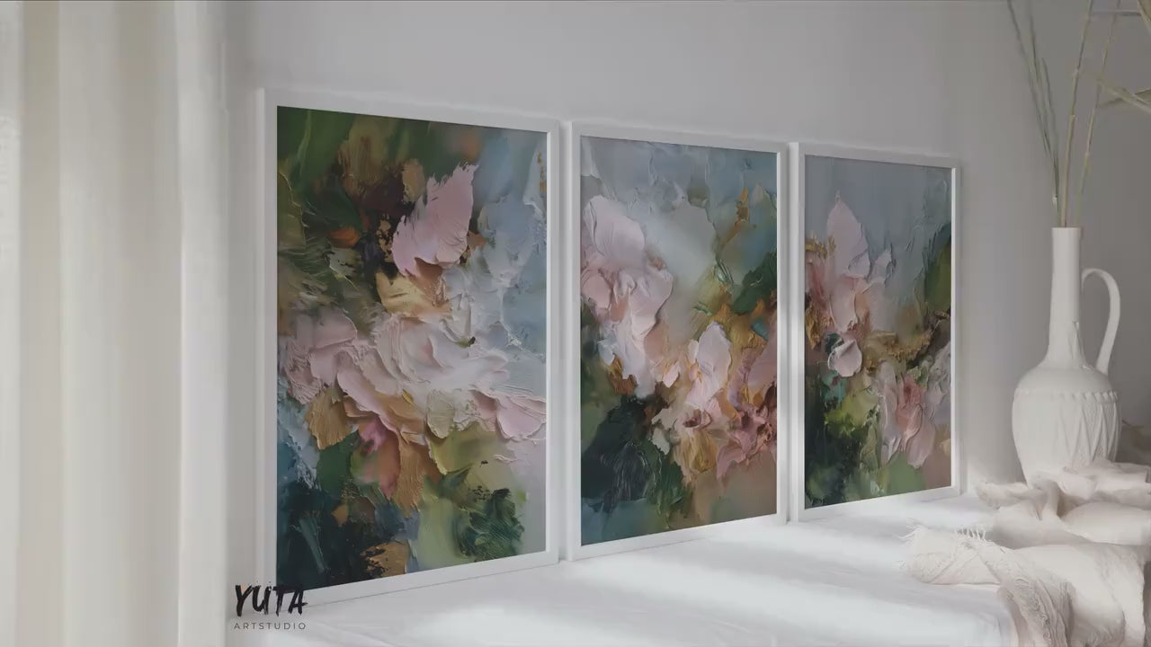 Abstract Floral Wall Art Set of 3 | Textured Pink Flower Prints | Impasto Botanical Painting Decor