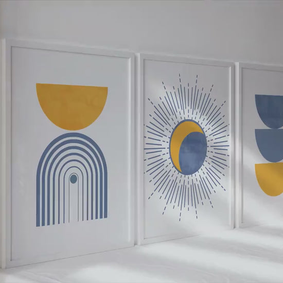 Blue mustard yellow boho wall art set of 3 print. Light blue wall art