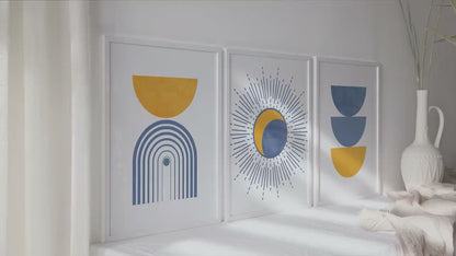 Blue mustard yellow boho wall art set of 3 print. Light blue wall art