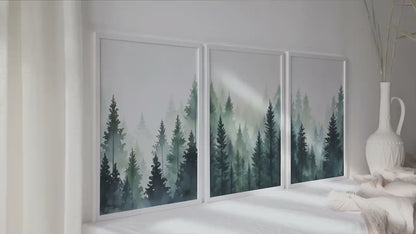 Blue green foggy pine trees
