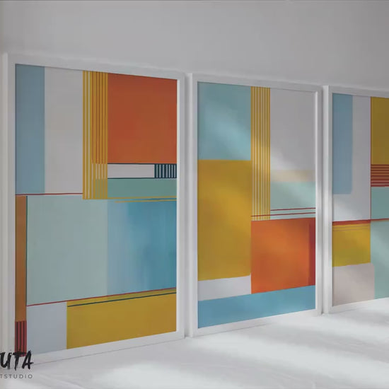 Geometric Abstract Wall Art Set of 3 | Color Block Modern Prints | Bright Mid-Century Artwork | Orange Blue Yellow Contemporary Decor