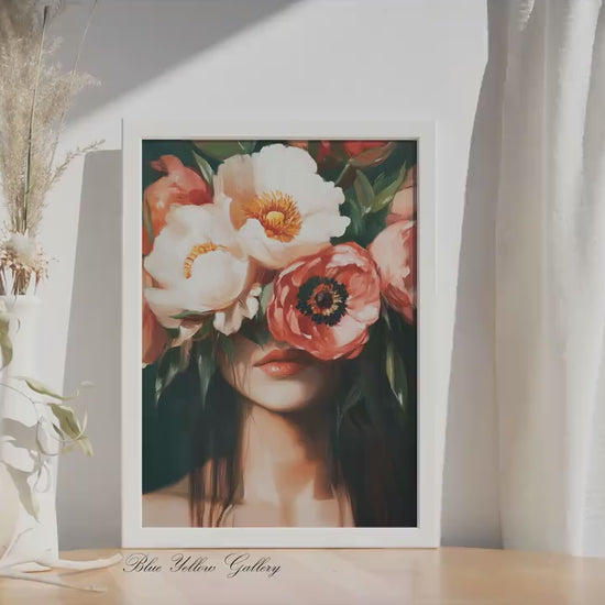 Emerald Green Abstract Woman Portrait Print, Floral Female Wall Art, Floral Eclectic Prints, Abstract People Art, Woman with Flowers Print