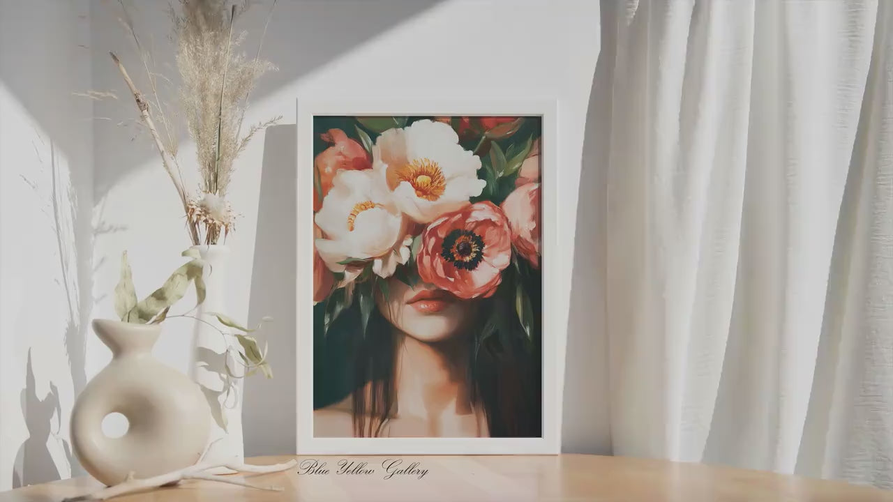 Emerald Green Abstract Woman Portrait Print, Floral Female Wall Art, Floral Eclectic Prints, Abstract People Art, Woman with Flowers Print
