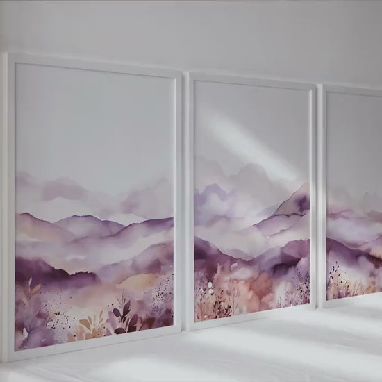 Purple minimalist mountain set of 3 print. Modern watercolor landscape gallery wall set.  Nature 3 piece wall art