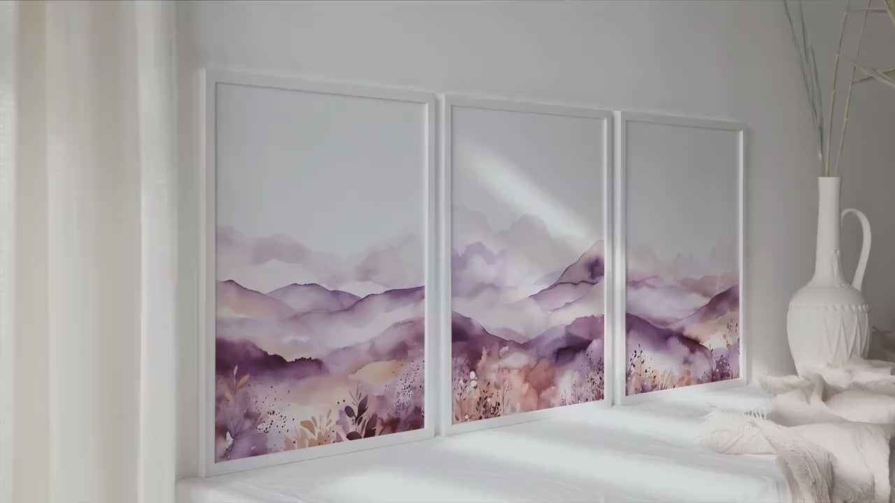 Purple minimalist mountain set of 3 print. Modern watercolor landscape gallery wall set.  Nature 3 piece wall art