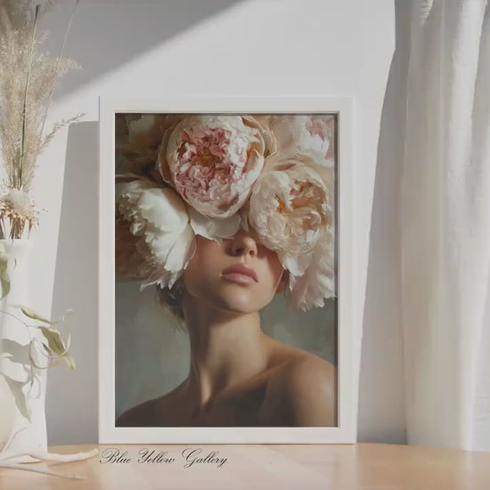 Floral Woman Wall Art, Romantic Peony Portrait Print, Moody Feminine Bedroom Decor, Large Botanical Fashion Art, Luxury Canvas Print