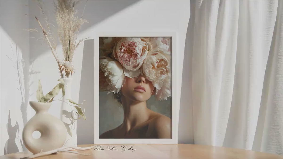 Floral Woman Wall Art, Romantic Peony Portrait Print, Moody Feminine Bedroom Decor, Large Botanical Fashion Art, Luxury Canvas Print
