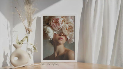 Floral Woman Wall Art, Romantic Peony Portrait Print, Moody Feminine Bedroom Decor, Large Botanical Fashion Art, Luxury Canvas Print