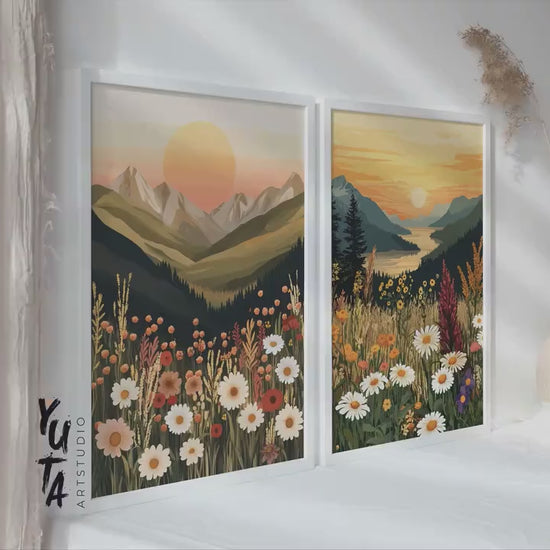 Boho Wildflower Mountain Sunset Landscape Painting Wall Art Set of 2 Print. Colorful Mountain Scenery Floral Botanical Muted Tone Wall Decor