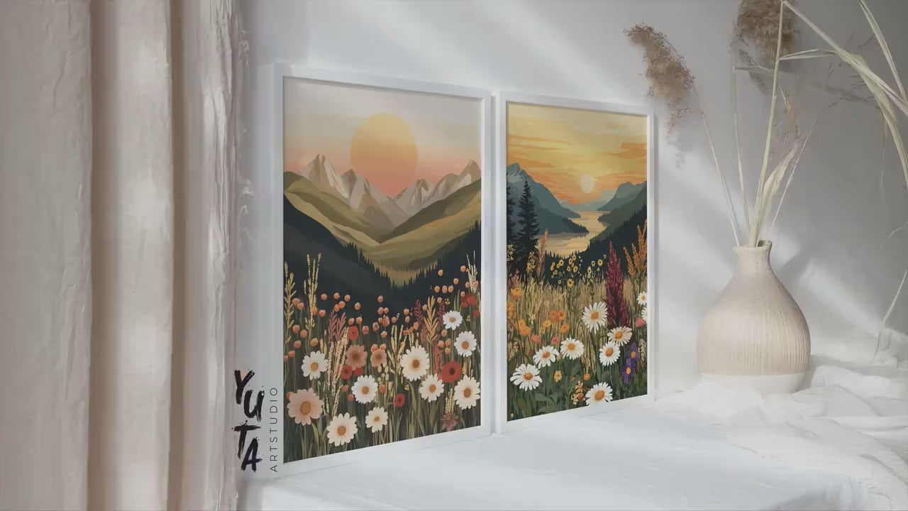 Boho Wildflower Mountain Sunset Landscape Painting Wall Art Set of 2 Print. Colorful Mountain Scenery Floral Botanical Muted Tone Wall Decor
